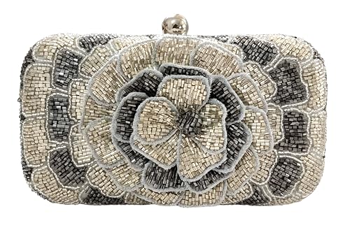 DUCHESS Women's & Girls Embroidered Floral Handle Clutch for Party Wedding (Silver)