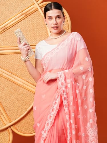 Ada Hand Embroidered Lucknowi Chikankari Georgette Saree With Unstitched Blouse Piece A191488, Peach - Womens