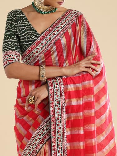 AKHILAM Women's Red Organza Striped Embellished Saree With Unstitched Blouse Piece (ANIKA3303_AG)