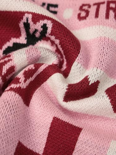 The Souled Store: Berry Love Women and Girls Full Sleeves V-Neck Pink and Red Printed Acrylic Lightweight Casual Pullover Oversized Sweater