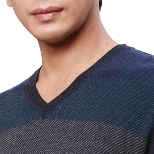 Park Avenue Men's Regular Fit Acrylic Wool Blended Stripe Pattern V Neck Full Sleeve Casual Sweater (Size: 85)-Pcwa00268-B9,Blue