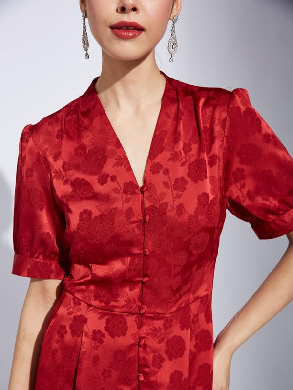 Latin Quarters Women Maroon V-Neck Half Sleeve Printed A-Line Dress_XL