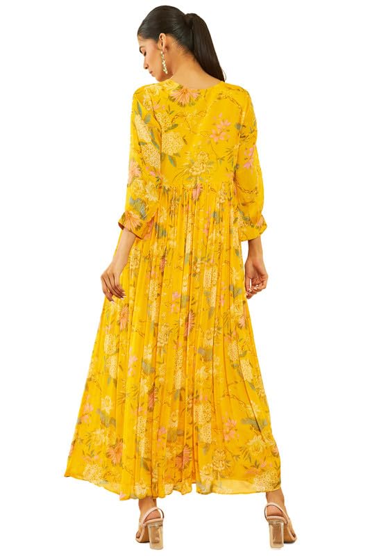 Soch Womens Yellow Chinon Floral Printed Ethnic Dress with Mirror Work