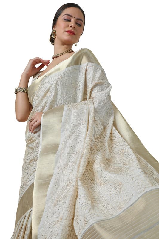 Soch Womens Beige Tussar Embroidered Saree With Sequins