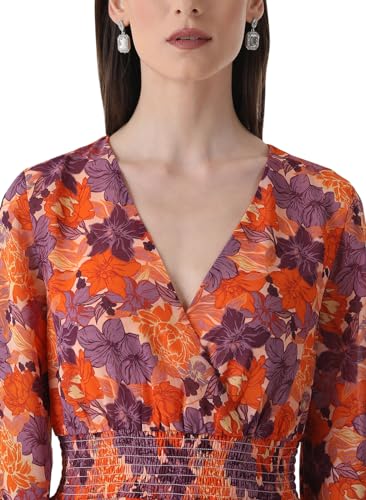 Kazo Solid V Neck Poly Blend Women's Mini Dress (Peach, Small)