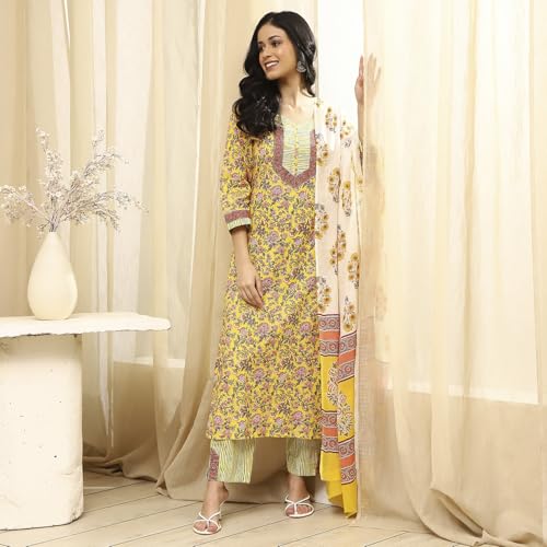 BIBA Women Yellow Cotton Screen Print Unstitched Suit Set_FREE SIZE