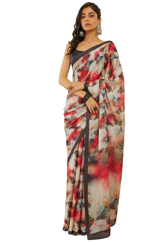 Soch Womens Charcoal Floral Print Crepe Saree