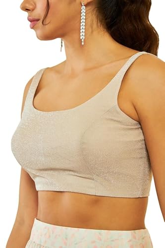 Soch Womens Beige Net Shimmery Scoop-Neck Back-Open Sleeveless Blouse