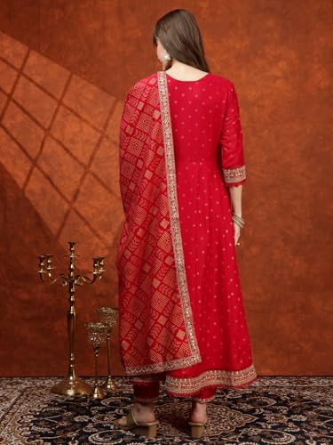 NIVANA Embroidered Anarkali Kurta with Pant & Bandhni Printed Dupatta | XXL | Hot Pink | V-Neck | 3/4 Sleeves