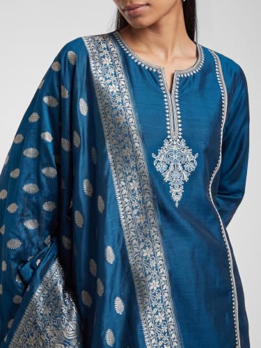Max Women Woven Design Straight Kurta Set (Blue_M)