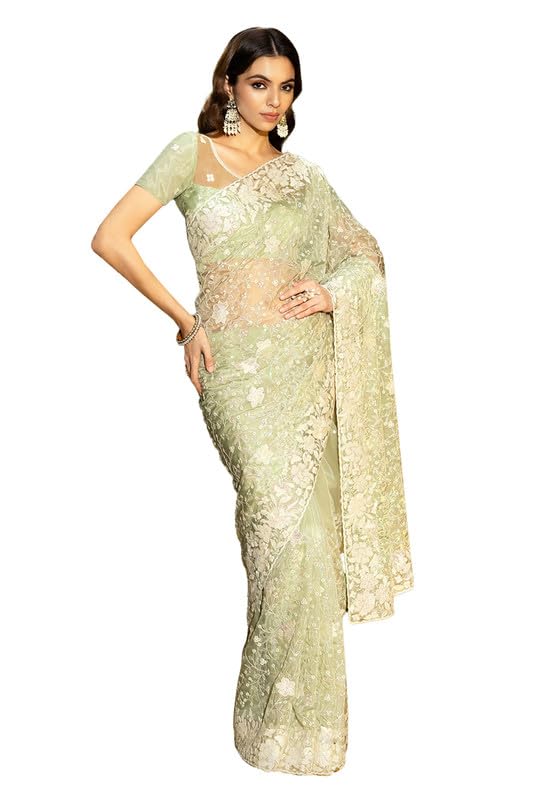 Soch Womens Light Green Organza Embroidered Saree With Sequins Work