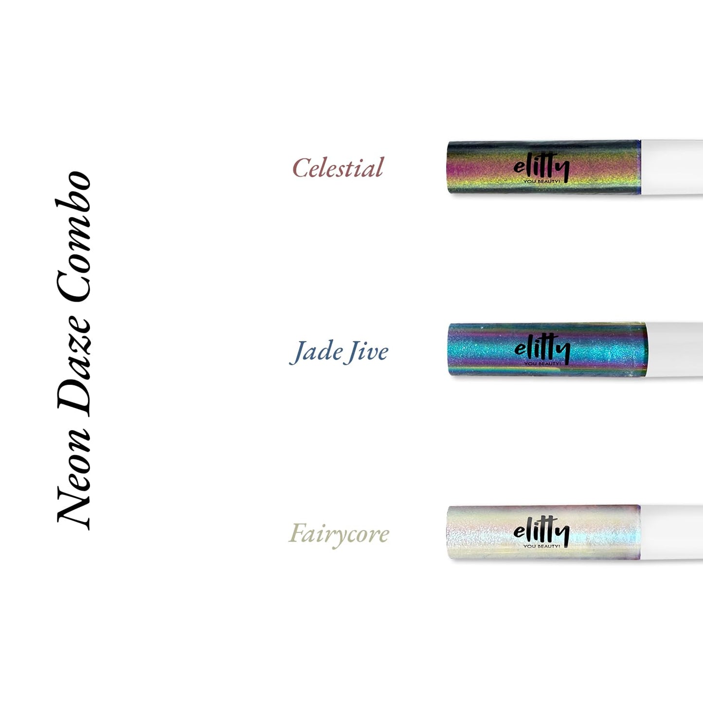 Elitty Neon Daze Ombre Waterproof Liquid Eyeliner Combo (Pack of 3) | Holographic Shades (Purple-Blue, Silver-Blue, Pink-Copper) | Lasts Upto 12 Hrs | 4 ML Each