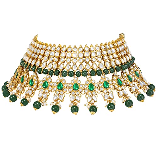 Peora Gold Plated Green Kundan Choker Necklace Earrings Maang Tikka Jewellery Set for Women