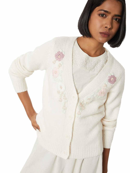 Max Women Floral Embroidered Cardigan (Off White_L)