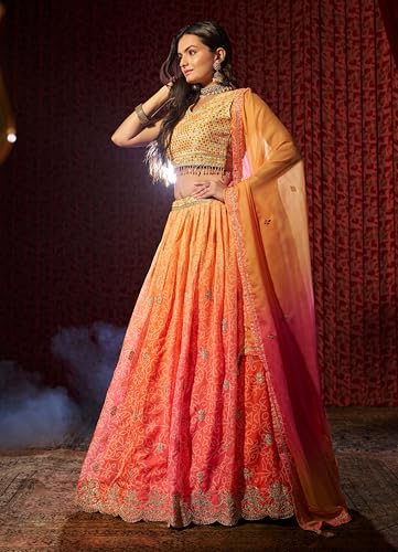 AG Clothing Women's Organza Semi Stitched Lehenga Choli With Dupatta | BAndhani Digital Print With Sequin Embroidery Pattern | Traditional, Wedding, Ethnic Wear Lehenga (AD-SV2-Orange)
