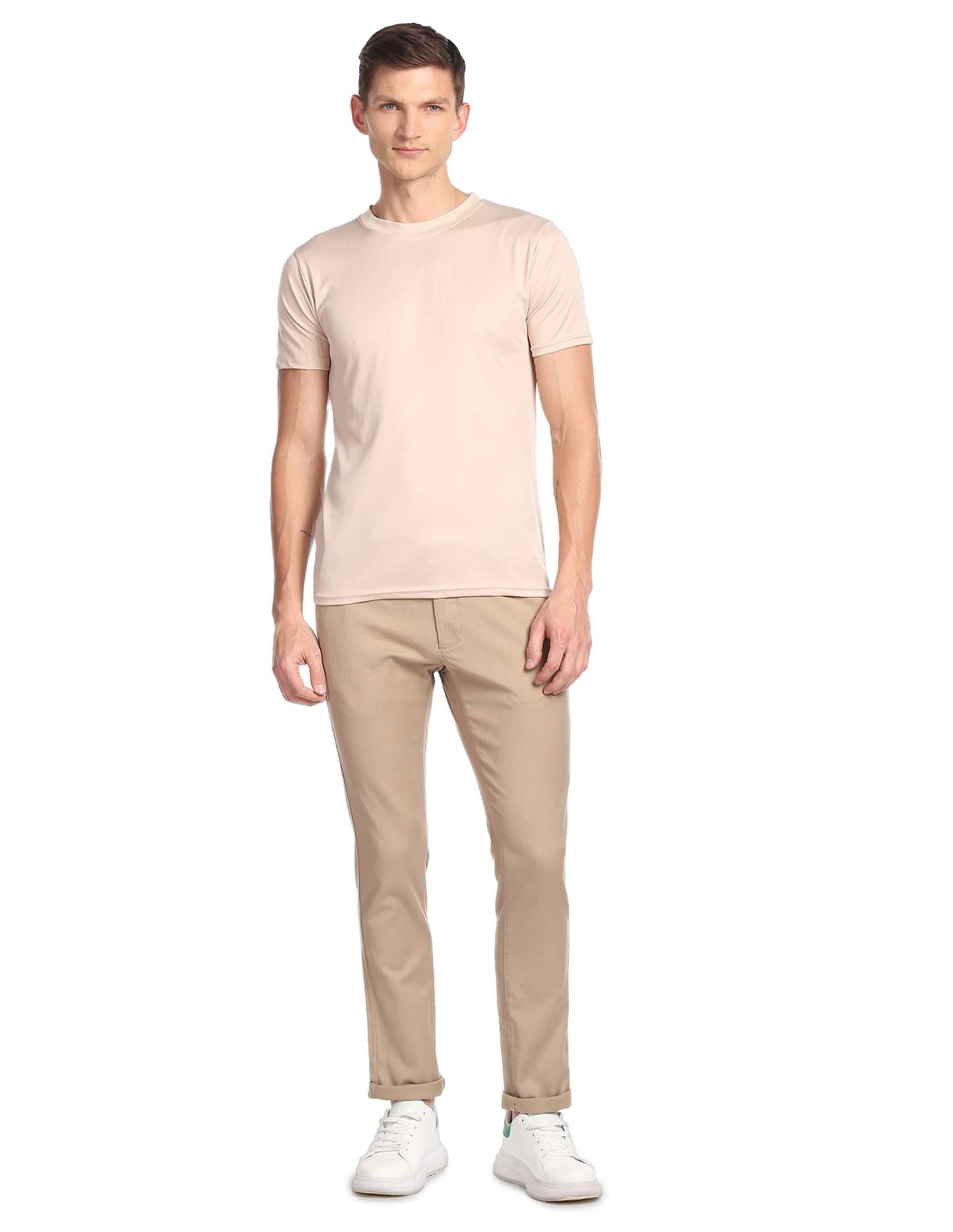 Arrow Sports Men's Mid Rise Solid Slim Fit Acrylic Casual Trouser Khaki, 32