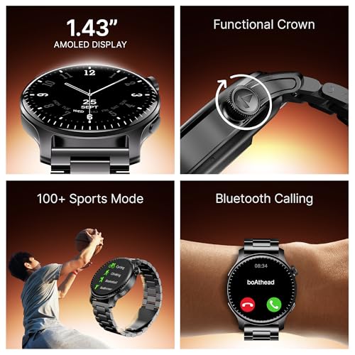 boAt Ultima Prime smartwatch with 1.43” AMOLED Display, AOD, Personalized Fitness Nudges, Functional Crown,100+ Sports Modes, Create Your Own Watchface, smartwatch for man and Woman (Steel Black)