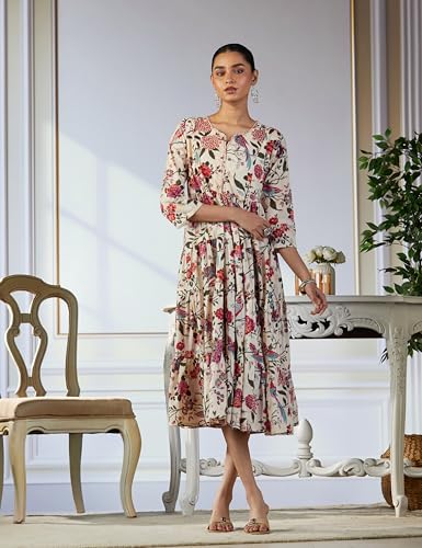 BIBA Women Printed Flared Mix and Match Ankle Length Dress (Fusassorted1303E_Off White_34), Casual Dress, Medium