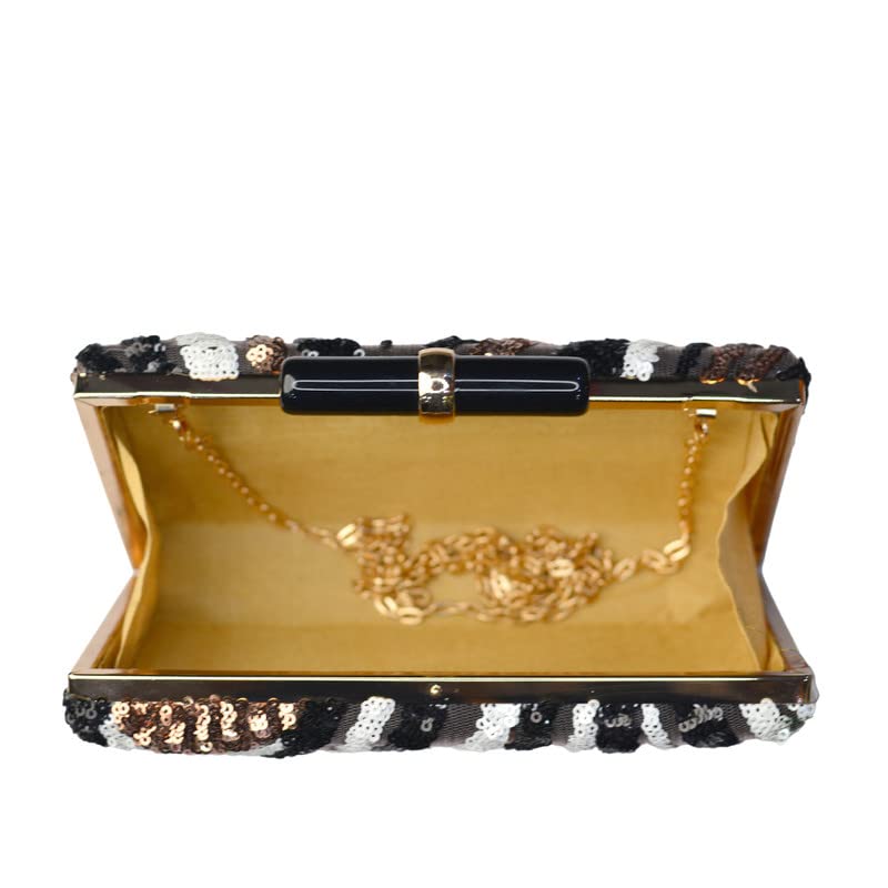 Black Box Shaped Clutch With Golden, White And Silver Work