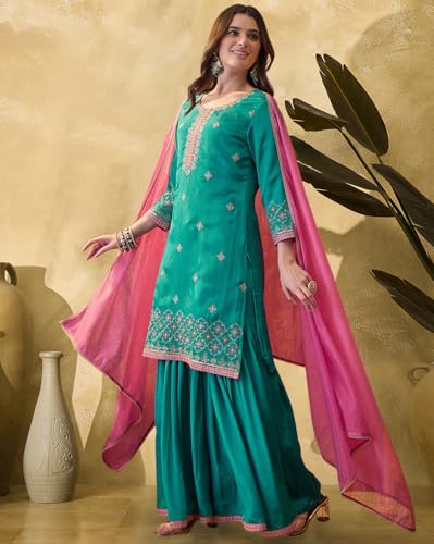 SheWill Firoji Poly Chinon Zari Sequence Thread Embroidered Kurta With Sharara And Dupatta (SHEKS10335_ANANT_A)