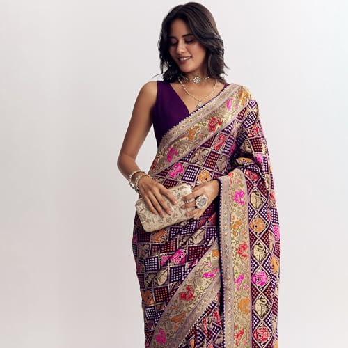 KALKI Fashion Purple Georgette Bandhani Saree With Animal Motifs And Gota Border Silk sarees for women Traditional Ethnic Wear Fashion Wear Wedding Collection Festive Saree