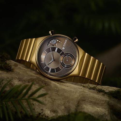 Titan Micromotors Analog with Date and Sun-Moon Sub-Dial and Khaki Dial Khaki Stainless Steel Strap Watch for Men - 90181QM01