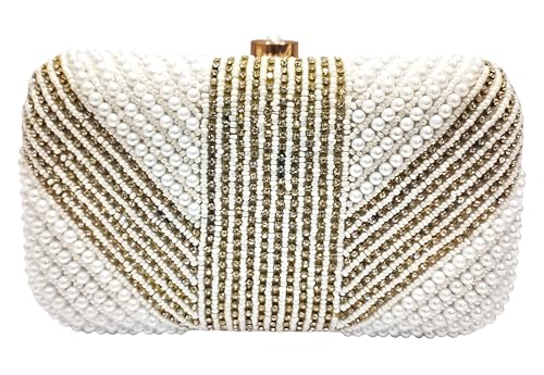 Amerie Fashions Women & Girls Embroidered White Pearl Nag Chain Beaded Clutch Purse for Party Wedding