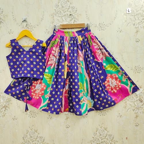 ALOK ENTERPRISE Kids Girls Blue Floral Printed Lehenga Choli Set | Sleeveless Cotton Blend Lehenga for Girls | Festive, Wedding & Traditional Ethnic (WHITE, 3-4 YEARS)