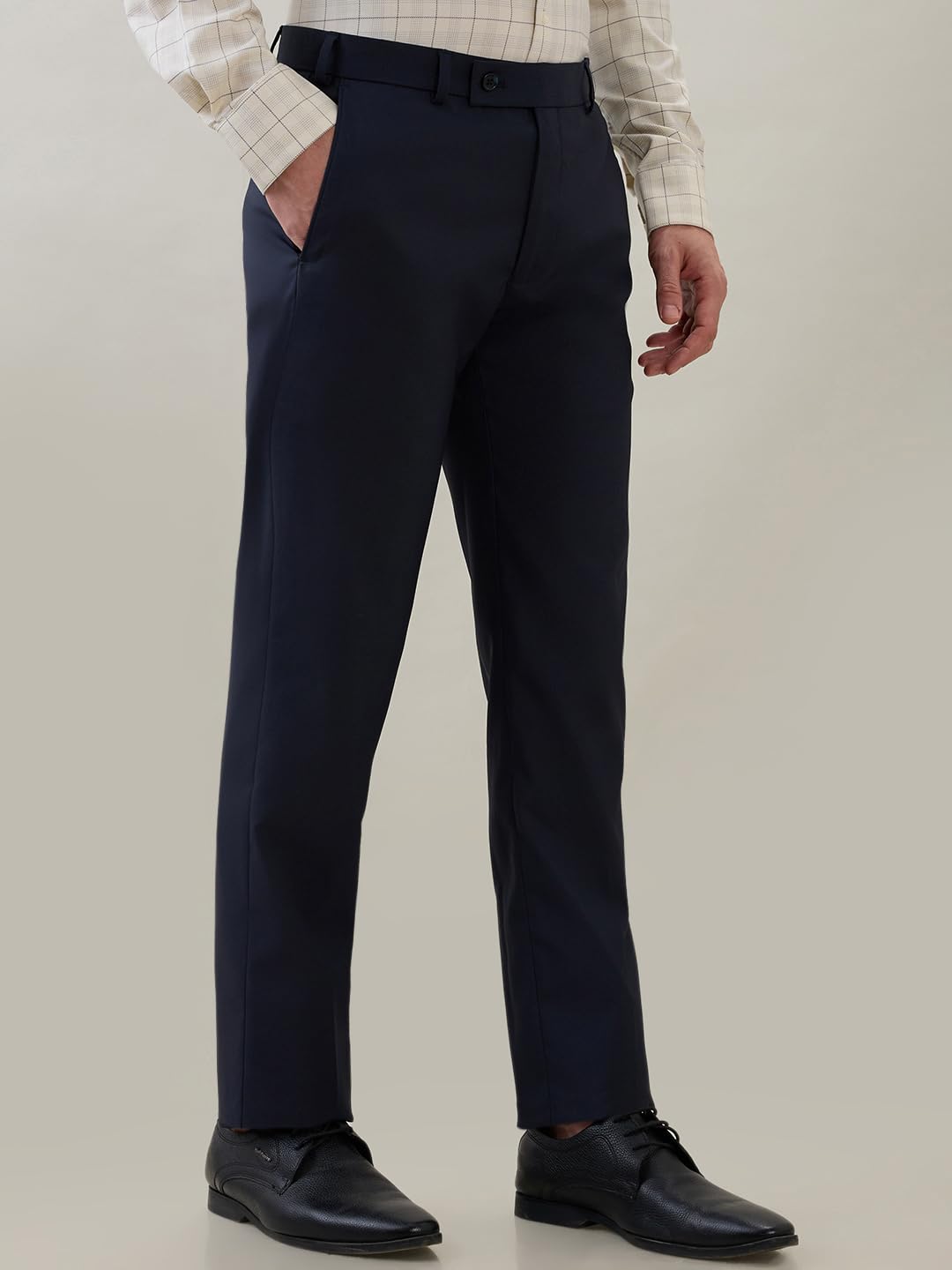 Park Avenue Men Slim Fit Structure Pattern Polyester Viscose Spandex Blend Flat Front Formal Trouser Dark Blue