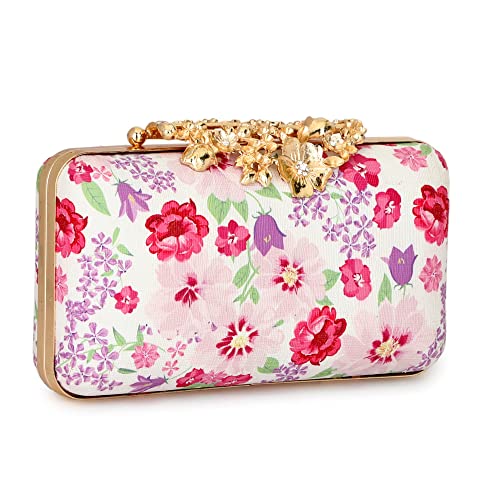 TOOBA Handicraft Beautiful Flower Box Clutch Bag Purse for Bridal, Casual, Wedding Bag for Women & Girls (White Flower)