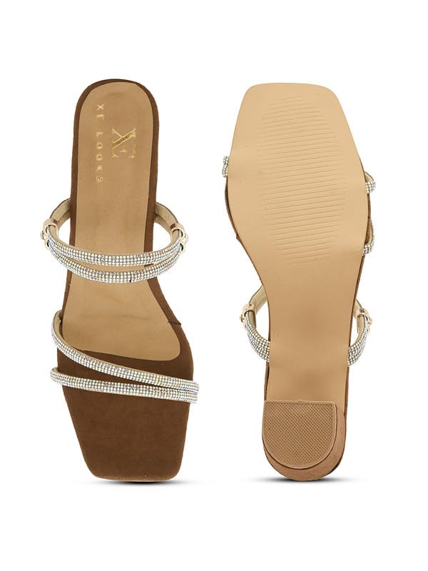 XE Looks Tan Fashion Sandals | Faux Leather Trendy and Stylish Block Heel | For Wedding Occasion 3 Inches Heel | For Women & Girls