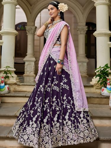 Zeel Clothing Women's Zari Sequins Embroidered Work Rangoli Silk Lehenga Choli With Dupatta (5139-Purple-Women-Lehenga-Choli; Free size)