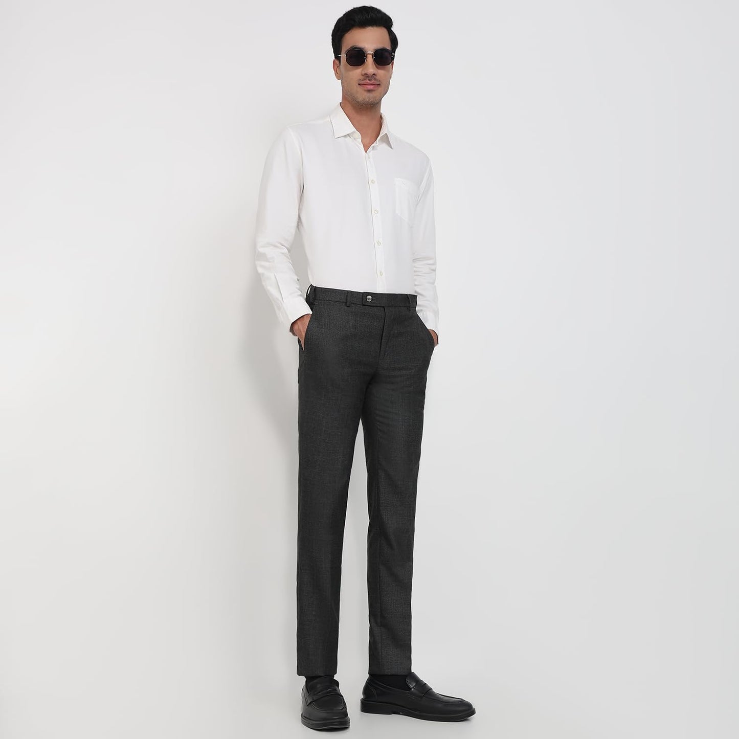 Raymond Men Slim Fit Structure Pattern Polyester Blend Flat Front Formal Trouser Medium Grey