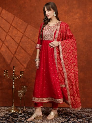 NIVANA Embroidered Anarkali Kurta with Pant & Bandhni Printed Dupatta | XXL | Hot Pink | V-Neck | 3/4 Sleeves