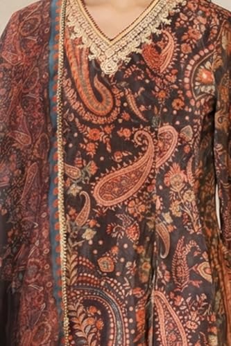 W for Woman Coffee Brown Paisley Printed Thread Embroidered Velvet A-line Winter Kurta with Straight Pants and Dupatta Set - (WS13326-127262-L)