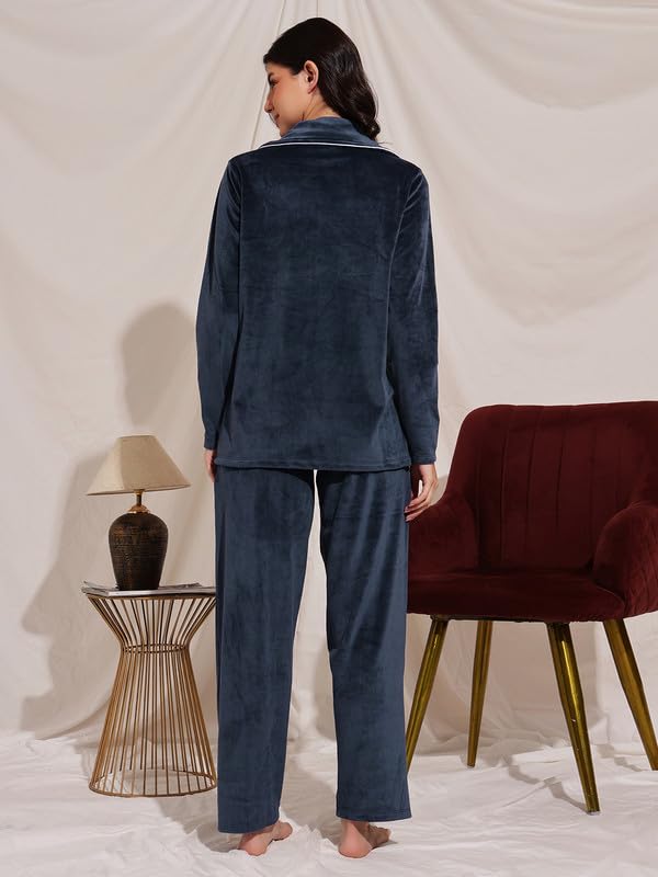 Clovia Women's Velour Button Down Shirt & Pyjama Set (LSW774G08_Navy Blue_S)
