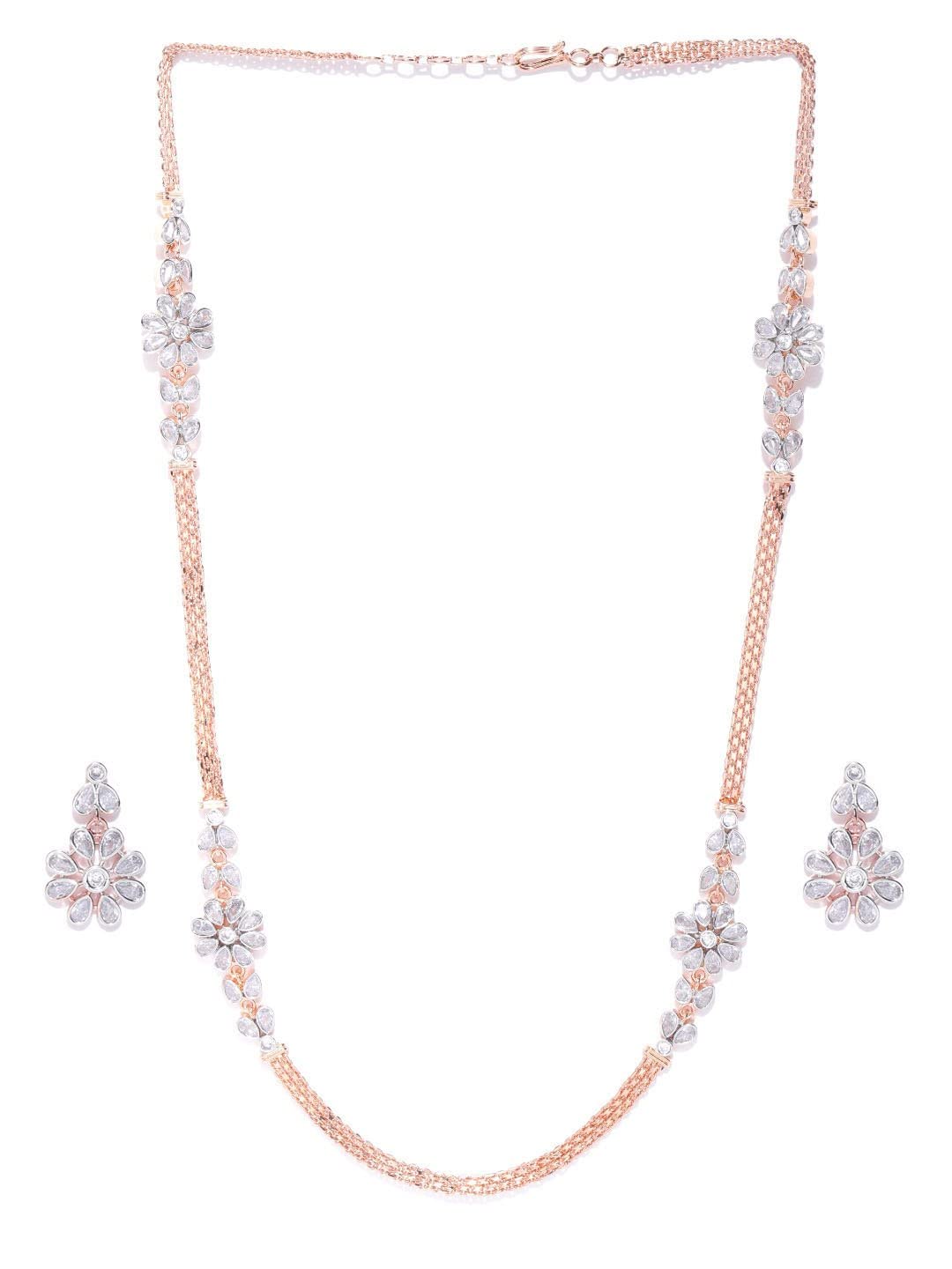Priyaasi Sparkling Flower Jewellery Set for Women | Fancy Collection with Rose Gold Plating | Stylish American Diamond Jewellery Set with Earrings and Necklace