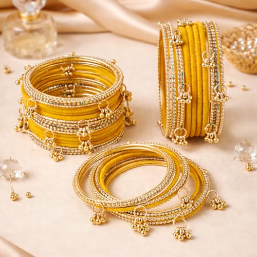 Shining Diva Fashion 20 Pcs Traditional Stylish Ghungroo Velvet Kashmiri Bangles Set for Women & Girls (17415b_2.6) (Yellow)