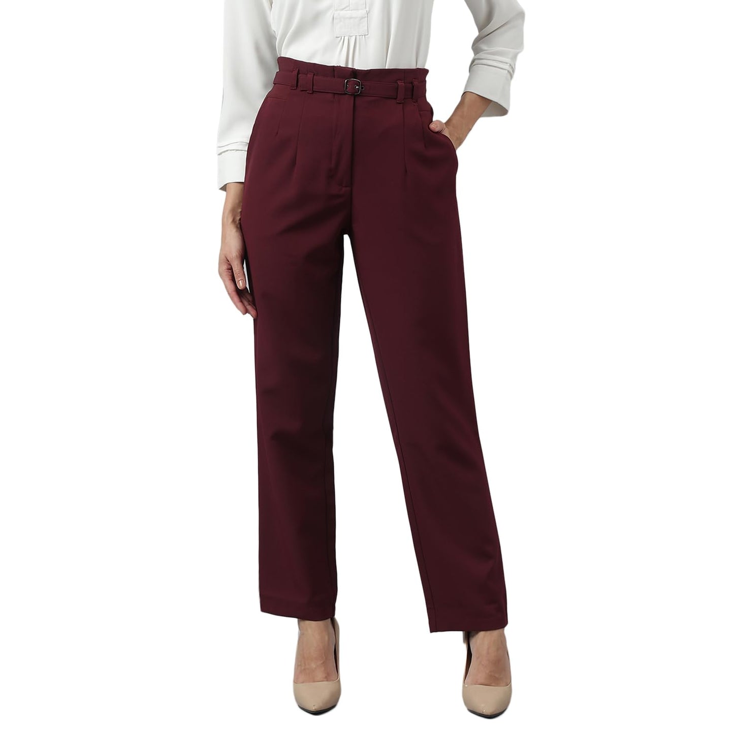 Latin Quarters Women's Maroon Solid Straight High Rise Formal Pant_XL
