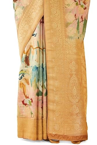 Soch Womens Gold Tussar Floral Print Saree With Zari Woven(8907175714256)