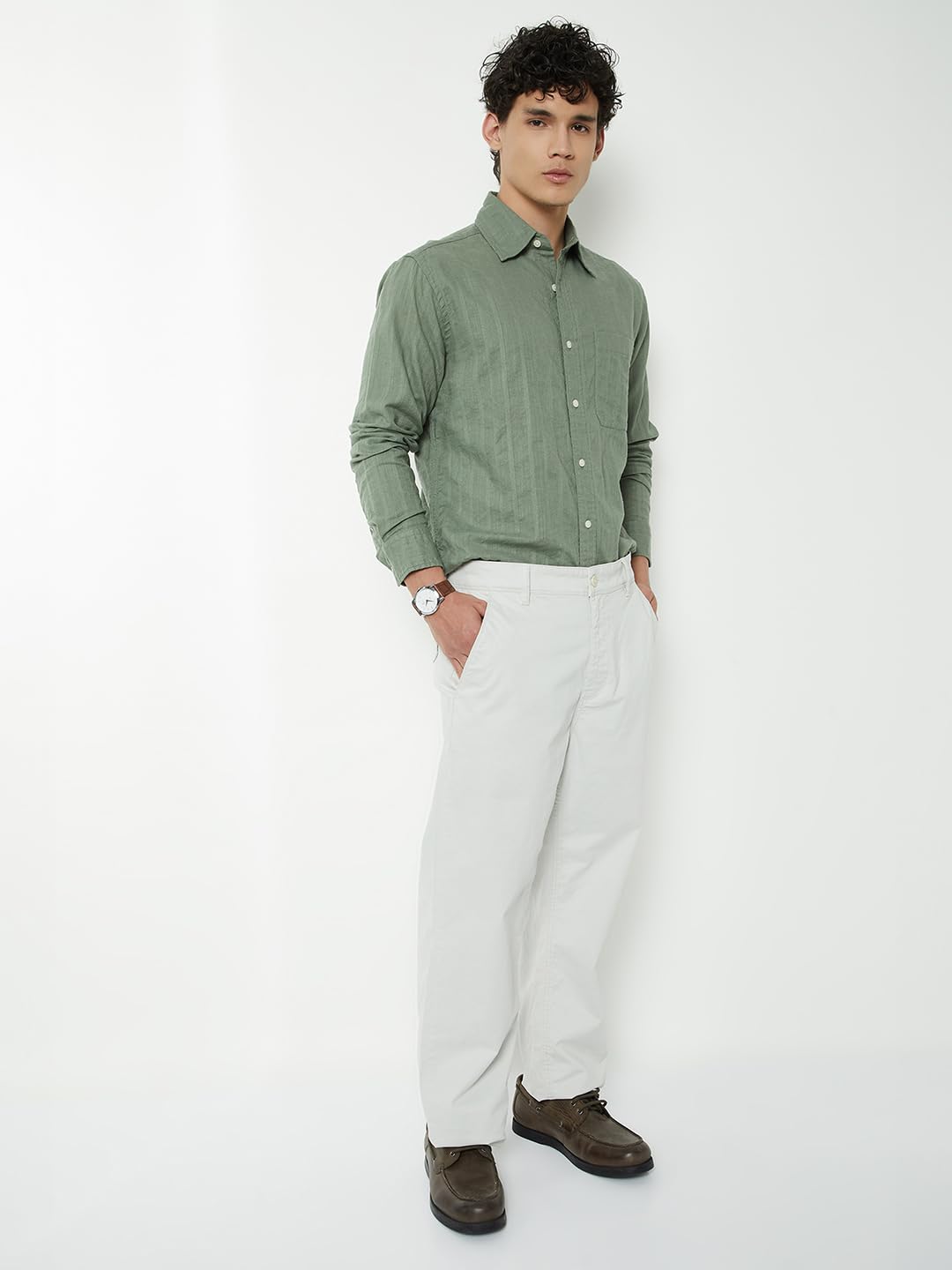 Max Men Striped Regular Fit Shirt(Green_S)