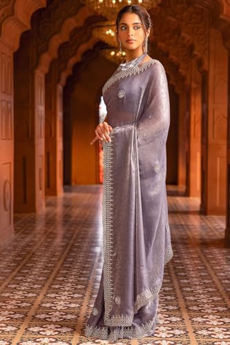 Soch Womens Blue Georgette Floral Print Saree With Stone Work