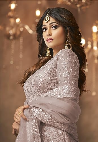 Divine International Trading Co Women's Embroidery Sequince Net Anarkali Gown Dupatta Set with Long Sleeve V-Neck and Full Length