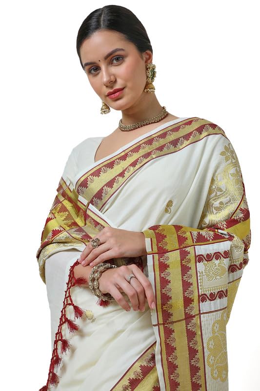 Soch Womens Cream Cotton Blend Woven Design Kasavu Saree With Tassels