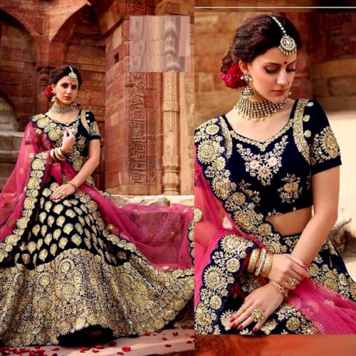 Designer Wedding Lehenga Choli Set, Navy Blue with Pink Dupatta, Zari Embroidered Art Silk, Free Size