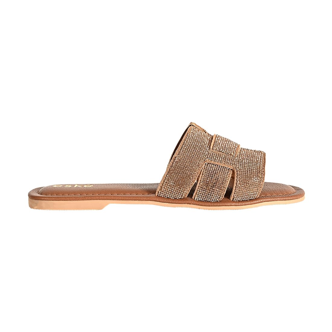 eske Estella Glitter Slip-On Sandals | Bronze Embellished Flat Slides | Comfortable Leather Insole | Stylish Party Wear Flats | Daily Casual Footwear for Girls & Ladies