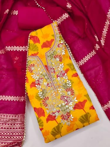 Leeli Peeri Designer Women's Soft Chanderi Embroidery Work Unstitched Salwar Suit Dress Material