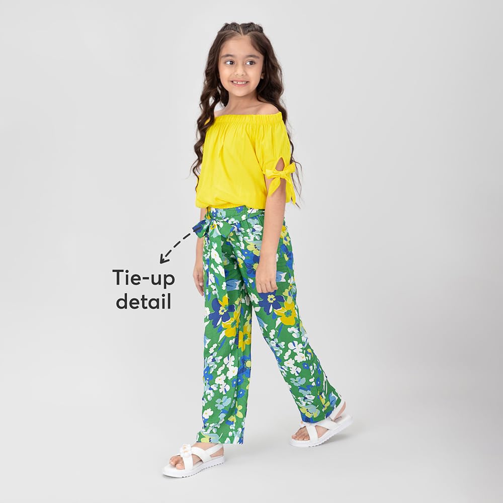 Hopscotch Girls Cotton Floral Print Top And Pant Set In Yellow Color For Ages 9-10 Years (HSP-3681744)