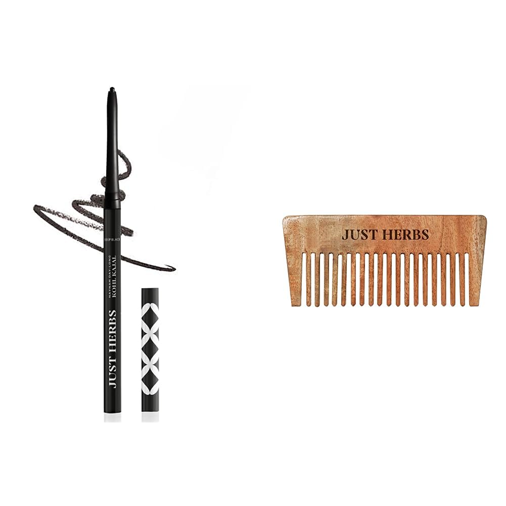 Just Herbs Retractable 2 In 1 Herbal Pencil Eyeliner+Kajal With Almond Oil&Vitamin E,11 Hour Stay, Singlestroke,Smudgeproof&Fadeproof - Black 0.3G& Handmade Wooden Hair Comb Combo,Matte Finish