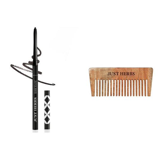 Just Herbs Retractable 2 In 1 Herbal Pencil Eyeliner+Kajal With Almond Oil&Vitamin E,11 Hour Stay, Singlestroke,Smudgeproof&Fadeproof - Black 0.3G& Handmade Wooden Hair Comb Combo,Matte Finish